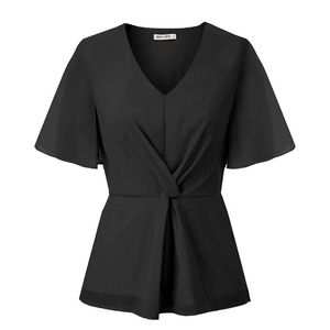 Women's Casual Short Sleeve V Neck Chiffon Blouse T-Shirt Tops Black 2XL